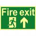 An industrial fire safety sign with a running man symbol and an arrow pointing up, measuring 300mm x 200mm. Made of 1.3mm rigid self adhesive photoluminescent material, this sign is highly visible and ideal for directing people to the nearest fire exit.