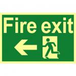 Fire Exit Sign with running man and arrow left (300 x 200mm). Made from 1.3mm rigid photoluminescent board (PHO) and is self adhesive.
