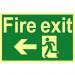 Fire Exit Sign with running man and arrow left (300 x 200mm). Made from 1.3mm rigid photoluminescent board (PHO) and is self adhesive. 1583