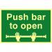 The picture shows a 300mm x 200mm industrial fire safety sign with the words Push Bar To Open in bold lettering. The sign is made of 1.3mm rigid self adhesive photoluminescent material, making it easily visible in low light or emergency situations. The background of the sign is a bright green color with black and white graphics. This sign is designed to ensure safety and clearly communicate emergency procedures in the event of a fire.