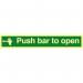 The Spectrum Industrial Fire Safety Signs Push Bar To Open Sign is rectangular and measures 450mm x 100mm. It features a white background with bold, black lettering and a red PUSH bar icon in the center. The sign is made of 1.3mm rigid self-adhesive photoluminescent material, ensuring visibility even in low light conditions.