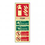 The image shows a bright red fire extinguisher sign with bold white text and symbols. It is made of durable composite foam and measures 75mm by 200mm. The sign is self-adhesive and has a thickness of 1.3mm. Its photoluminescent material allows it to glow in low light conditions, making it easily visible in case of an emergency.