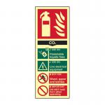 The photo captures a Scan Fire Extinguisher Sign with a Composite CO2 design. The sign is made of 1.3mm Rigid Self-Adhesive Photoluminescent material and measures 75mm x 200mm. The bright colors and clear text make the sign easily visible and effective in emergency situations.