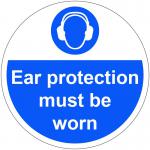 Ear Protection Must Be Worn Floor Graphic adheres to most smooth clean flat surfaces and provides a durable long lasting safety message. 400mm dia.