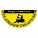 The picture shows a vibrant Spectrum Industrial Floor Graphic of a danger forklift area. The large size of 750mm x 375mm makes it highly visible and the bold design catches the eye. The bright warning colors and clear text warn of potential hazards in the designated area to promote safety in the workplace.