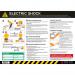 The photo features a bright and bold Spectrum Industrial Health and Safety Signs Electric Shock Safety Poster. Made with 300mic PVC and an anti-scuff face, this large poster measures 594mm x 420mm. The prominent warning sign and graphic serve as a reminder to prioritize safety in the workplace.