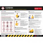 The picture shows a large 594mm x 420mm COSHH safety poster made of 300mic PVC with an anti-scuff face. The poster features various industrial health and safety signs, including caution, warning, and danger symbols, in bright colors against a white background.