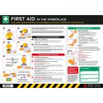 The image features a bright and colorful poster titled Spectrum Industrial First Aid Signs. The poster is designed to serve as a guide for workplace safety, with clear and easy-to-understand graphics and text. The durable 300mic PVC material is complemented by an anti-scuff face for long-lasting use. The poster measures 594mm x 420mm and is perfect for any workplace setting.