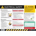 The photograph shows a vibrant Spectrum Industrial Health and Safety Signs Electrical Safety Poster. Made from 300mic PVC with an anti-scuff face, this poster measures 594mm x 420mm. It features clear and concise safety instructions and eye-catching graphics to promote electrical safety in the workplace.