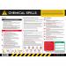 The photograph shows a Spectrum Industrial Health and Safety Signs Safety Poster focused on Chemical Spills. The bright yellow background features bold black and red lettering, along with clear pictograms, conveying important information and safety precautions for chemical spills in the workplace.