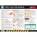 This poster features bold red and white colors with clear, easy-to-read text. The main focus is on first aid for burns, with step-by-step instructions accompanied by simple illustrations. Made of durable PVC, the poster measures 594 x 420mm and is perfect for any industrial setting.