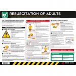 The poster features a bold red and white design with clear text and illustrations, highlighting the steps for resuscitating adults in case of emergency. The background is a dark blue color with the Spectrum Industrial Health and Safety Signs logo in the bottom corner. The poster is made of durable PVC material and measures 594 x 420mm.
