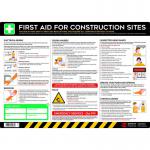 The photograph features a Spectrum Industrial Health and Safety Signs PVC poster titled First Aid for Construction Sites. The poster is designed with bright colors and illustrations, and prominently displays the first aid symbol. The poster is suitable for use in construction sites to promote safety and raise awareness of first aid procedures.
