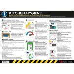 The photo shows a bright and colorful PVC poster with the words Kitchen Hygiene prominently displayed. The poster is part of Spectrum Industrials health and safety signs collection, designed to promote safe practices in the workplace. The background features images of a clean kitchen and various food items.