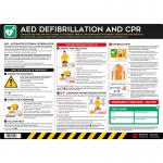 The photo shows a vibrant and eye-catching industrial safety poster from Spectrum, measuring 594 x 420mm. The poster highlights the importance of AED defibrillation and CPR in the workplace, featuring clear graphics and concise information. Made from durable PVC material, this poster is an effective way to promote health and safety in any industrial setting.