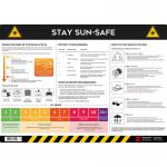 The Spectrum Industrial Health and Safety Signs Safety Poster depicts a workplace setting with employees wearing protective gear and following sun safety precautions. The poster measures 594mm x 420mm and raises awareness about staying safe in the sun while at work.