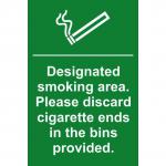 Self ad. semi-rigid PVC Designated Smoking Area. Please Discard Cigarette Ends... sign (200 x 300mm). Easy to fix; peel off the backing and apply