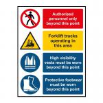 The photo shows a Spectrum Industrial Safety Signs warehouse composite sign with a 3 1.2mm recyclable PP material and dimensions of 300 x 400mm. The sign features bold, clear lettering and symbols for easy recognition and is suitable for industrial environments.