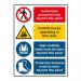 The photo shows a Spectrum Industrial Safety Signs warehouse composite sign with a 3 1.2mm recyclable PP material and dimensions of 300 x 400mm. The sign features bold, clear lettering and symbols for easy recognition and is suitable for industrial environments.