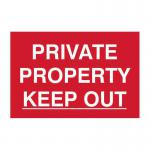 This photograph shows a scan room sign that reads Private Property - Keep Out in bold, black lettering on a white background. The sign is made of 1.2mm recyclable PP material and measures 300 x 200mm. It has a simple yet effective design and serves as a clear warning to unwanted individuals.