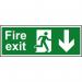 The photo shows a Spectrum Industrial Fire Safety Sign with a running man and an arrow pointing down. It is made of 1.2mm recyclable PP and measures 400 x 150mm. The sign is clearly labeled with the word Fire Exit and is designed for use in industrial settings. The bright green color and bold lettering make it easily visible and the sturdy material ensures durability.