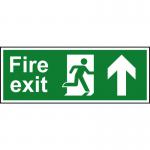 This image shows a set of Spectrum Industrial Fire Safety Signs featuring a fire exit symbol, running man, and an upward arrow, all printed on 1.2mm recyclable PP material. The sign measures 400 x 150mm and is labeled with the number 1684.