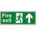 This image shows a set of Spectrum Industrial Fire Safety Signs featuring a fire exit symbol, running man, and an upward arrow, all printed on 1.2mm recyclable PP material. The sign measures 400 x 150mm and is labeled with the number 1684.