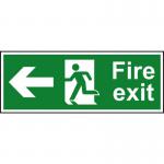 The picture shows a fire safety sign from Spectrum Industrial, made of 1.2mm recyclable PP material. It is rectangular in shape with dimensions of 400 x 150mm. The sign features a running man symbol and a left arrow, indicating the direction of the fire exit. The design is sleek and modern, with bold red and white colors for high visibility in emergency situations.