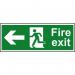The picture shows a fire safety sign from Spectrum Industrial, made of 1.2mm recyclable PP material. It is rectangular in shape with dimensions of 400 x 150mm. The sign features a running man symbol and a left arrow, indicating the direction of the fire exit. The design is sleek and modern, with bold red and white colors for high visibility in emergency situations.