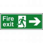 The photograph shows Spectrum Industrial Fire Safety Signs, specifically a fire exit sign with a running man and a right-facing arrow. The sign is made of 1.2mm recyclable PP material and measures 400x150mm.