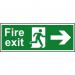 The photograph shows Spectrum Industrial Fire Safety Signs, specifically a fire exit sign with a running man and a right-facing arrow. The sign is made of 1.2mm recyclable PP material and measures 400x150mm.