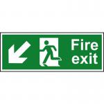 In the photo, there is a red and white fire exit sign with the running man symbol and an arrow pointing down and left. The sign is made of 1.2mm recyclable PP material and measures 400 x 150mm. It is part of the Spectrum Industrial Fire Safety Signs collection and is designed to guide people to the nearest exit in case of a fire emergency.