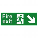 An image of Spectrum Industrials Fire Safety Signs shows a bright running man symbol with a directional arrow pointing downward. The sign is made of 1.2mm thick recyclable PP material and measures 400 x 150mm. It is designed for fire exit locations and promotes safety in industrial settings.