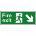 An image of Spectrum Industrials Fire Safety Signs shows a bright running man symbol with a directional arrow pointing downward. The sign is made of 1.2mm thick recyclable PP material and measures 400 x 150mm. It is designed for fire exit locations and promotes safety in industrial settings.