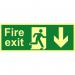 The picture shows a Spectrum Industrial Fire Safety Sign for a Fire Exit with a man pointing downwards. Made of flexible photoluminescent vinyl, the sign measures 400mm x 150mm and has the code 17080.