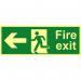 This photo shows a Spectrum Industrial Fire Safety Signs Fire Exit sign featuring an arrow pointing left, made of flexible photoluminescent vinyl. The sign measures 400mm x 150mm and is labeled with the code 17082.