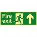 This picture features a Spectrum Industrial Fire Safety Sign with the words Fire Exit and a man pointing upward. The sign is made of flexible photoluminescent vinyl and measures 400mm x 150mm. It has a bright and clear design that stands out against any background. The photo also shows the signs durable and high-quality materials.