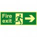 The photo features a Spectrum Industrial Fire Safety Sign, with the words Fire Exit and a man arrow pointing right. The sign is made of flexible photoluminescent vinyl and measures 400mm x 150mm. It is a bright and vivid yellow with bold, easy-to-read text. The sign is clearly visible and would be easily noticeable in the event of a fire.