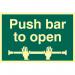 The picture features a Spectrum Industrial Fire Safety Sign with the words Push Bar To Open in bold letters. The sign is made of flexible photoluminescent vinyl and measures 300mm by 200mm. It is designed for easy identification and can effectively guide people towards safety in the event of a fire.