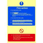 The Spectrum Industrial Fire Safety Sign shows clear instructions for fire action procedures. Measuring 200mm x 300mm, it is made of flexible photoluminescent vinyl, ensuring it can be seen even in low light environments. The design features bold text and images in vibrant colors to attract attention and inform individuals of the necessary steps to take in case of a fire emergency.