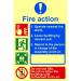 In the photograph, a Spectrum Industrial Fire Safety Sign can be seen with the words Fire Action Procedure written on it. The sign is made of flexible photoluminescent vinyl and measures 200mm x 300mm. The bright red and white colors contrast against each other, making the instructions clear and easy to see.