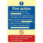 This photo features a Spectrum Industrial Fire Safety Sign. It is a Fire Action Procedure Sign made of Flexible Photoluminescent Vinyl. The sign measures 200mm x 300mm and has a product code of 3 17144.