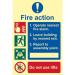 The photo captures a Spectrum Industrial Fire Safety Sign featuring clear Fire Action Procedures in bold letters. Made with Flexible Photoluminescent Vinyl, the sign measures 200mm x 300mm and has a luminous quality for visibility in low light conditions.