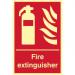 The photograph shows a Spectrum Industrial Fire Extinguisher Sign, made of flexible photoluminescent vinyl and measuring 200mm x 300mm. The sign features bold text and symbols, clearly indicating the location of a fire extinguisher.