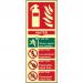 The photo features a Spectrum Industrial Fire Extinguisher Sign that reads Fire Extinguisher Water on a flexible photoluminescent vinyl background. The sign measures 82mm x 202mm and is labeled with the product code 17167.