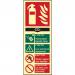 The Spectrum Industrial Fire Extinguisher Signs Fire Extinguisher CO2 Sign features a flexible, photoluminescent vinyl material that measures 82mm by 202mm. The sign prominently displays the image of a fire extinguisher, indicating its location, and is designed for use in industrial settings.