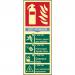 The photograph captures a Spectrum Industrial fire extinguisher sign made of flexible photoluminescent vinyl. The sign features the words Fire Extinguisher and Dry Powder in bold lettering, along with the standard fire extinguisher symbol. The measurements of the sign are 82mm x 202mm. It is designed to be highly visible and provide essential information in case of an emergency.