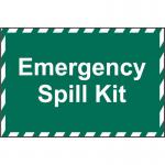 The photograph captures a vibrant and eye-catching Spectrum Industrial Safety Signs Emergency spill kit. The bright colors and bold font stand out against the 1.2mm recyclable PP material. The kit measures 600 x 400mm, making it large enough to be easily visible in emergency situations.