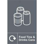 The picture displays a Spectrum Industrial Waste Disposal Sign for Food Tins and Drinks Cans Recycling. It is made of Self-Adhesive Vinyl and measures 200mm x 300mm. The sign is labeled with a clear recycling symbol and text, making it easy to identify and follow for proper waste disposal.