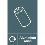 The picture shows a Spectrum Industrial Waste Disposal Sign featuring an Aluminum Cans Recycling design. The sign is made of self-adhesive vinyl and measures 150mm x 200mm.
